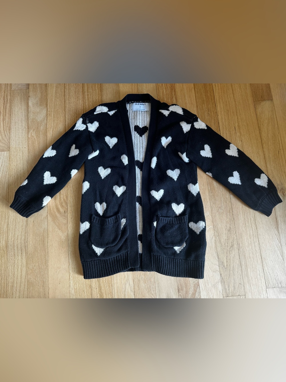 Old Navy Black long Cardigan with White Heart Pattern Sz 5t